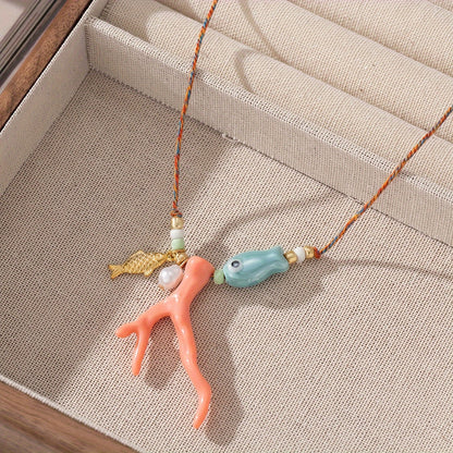 Handmade Ceramic Fish and Coral Pendant Necklace, Bohemian Style, Adjustable Cord Collarbone Chain, Beach Vacation Jewelry Accessories - No Plating, Daily & Holiday Wear