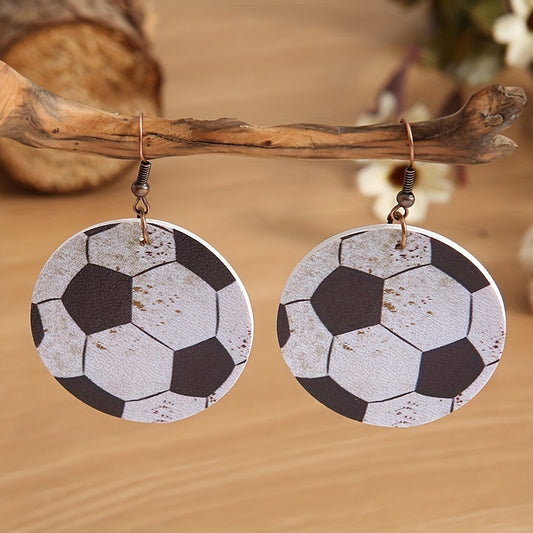 Vintage imitation old baseball basketball football volleyball printed PU leather earrings, cute retro style, iron pillar, four seasons daily wear accessories, sports design, red stitching and white PU leather texture