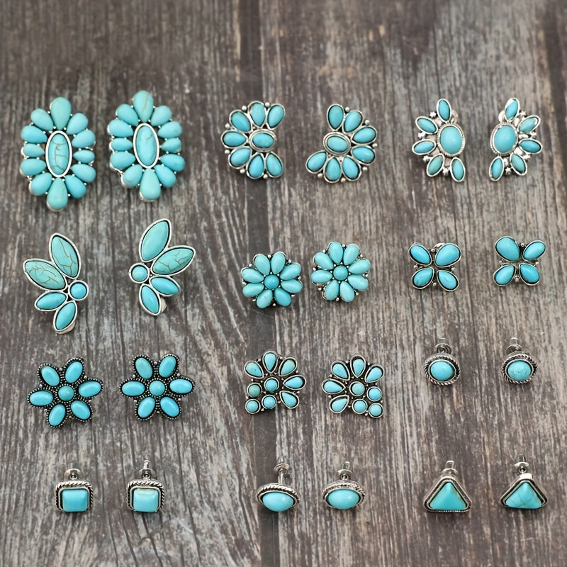 12 pairs of vintage western style set with turquoise stud earrings, silver alloy and iron earrings, geometric triangles, squares and flower shapes