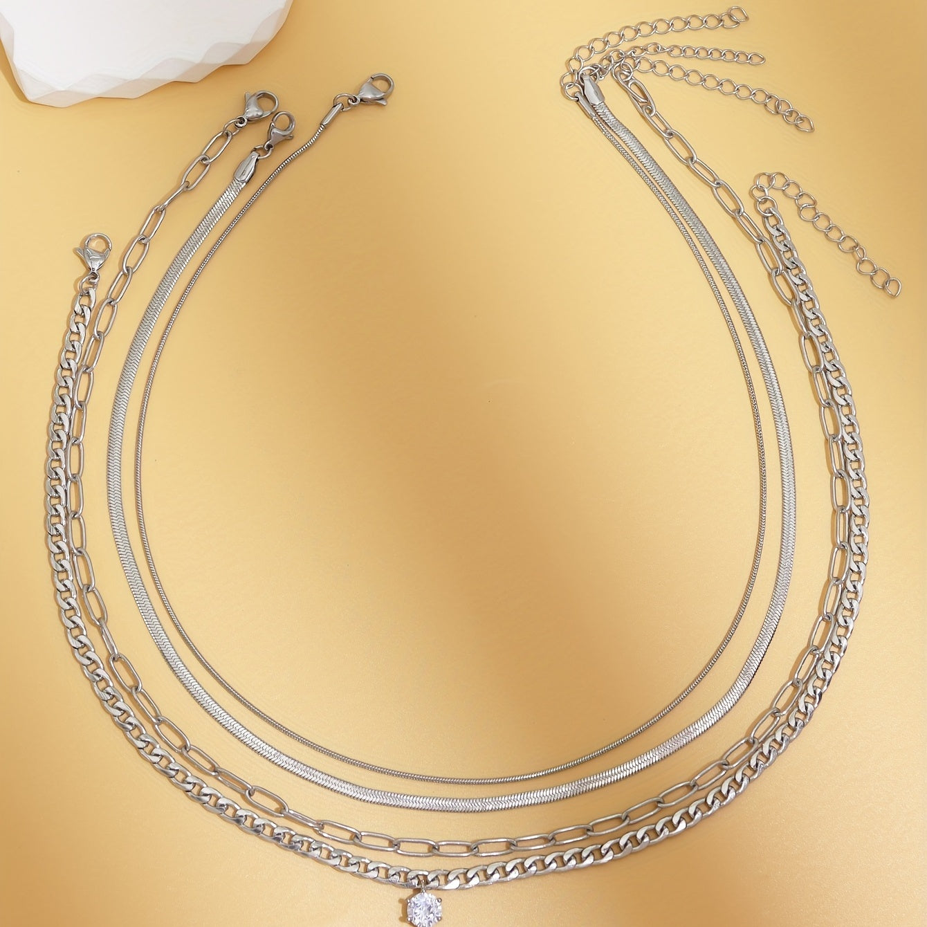 4 pieces European and American fashion stainless steel chain zircon pendant layered necklace set neutral style accessories