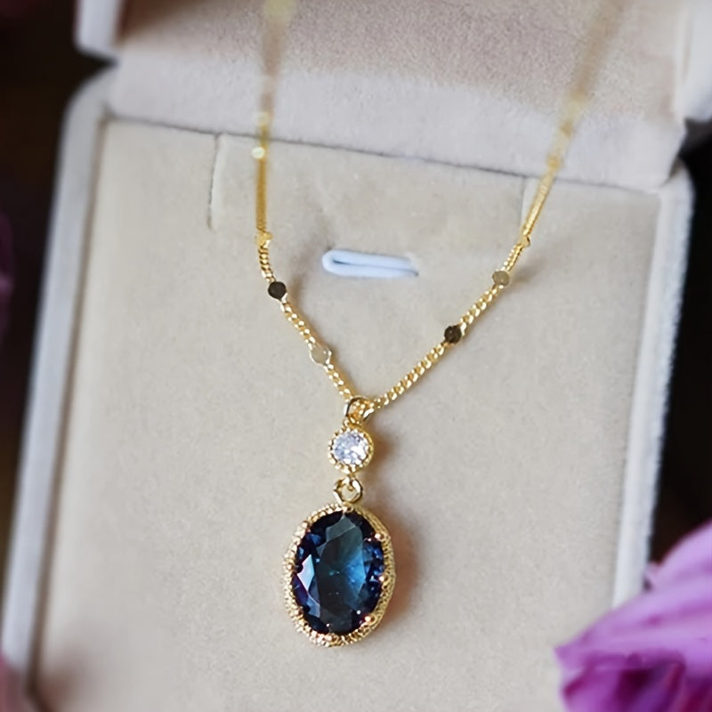 1 Elegant Retro Style Ladies Fashion Necklace with Luxury Synthetic Sapphire Pendant - Gold Tone, Machische Stone, Crystal Set, Suitable for Party and Daily Wear, September Birthstone, Box Free