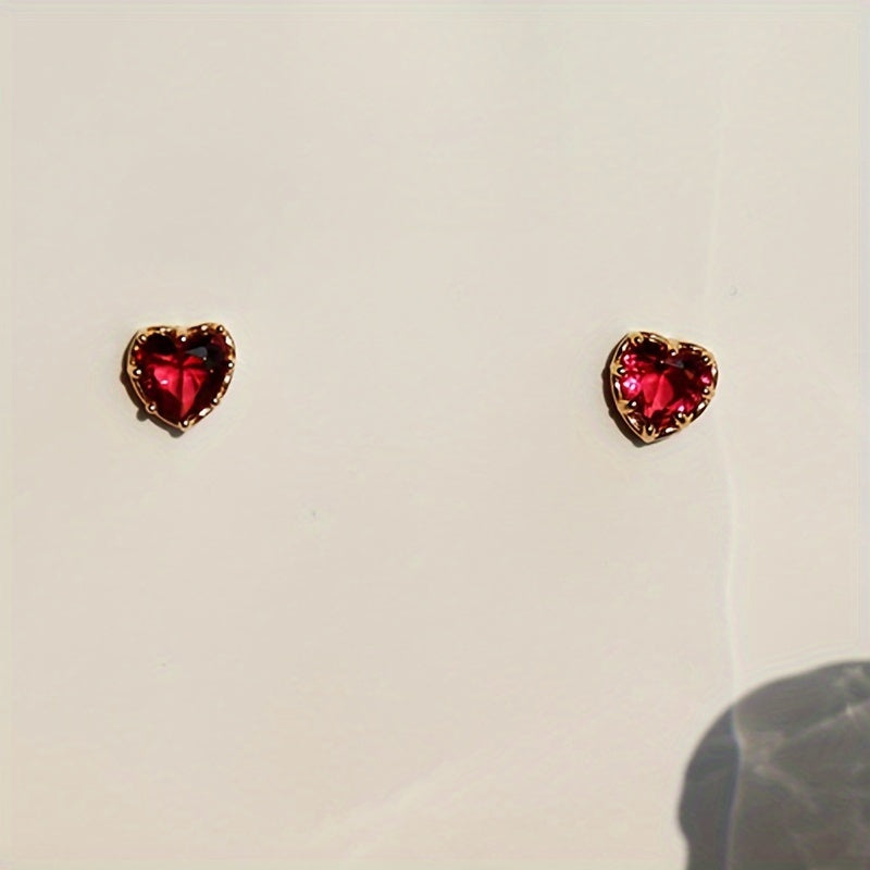 Women's Elegant Heart Synthetic Ruby Stud Earrings - Nickel-Free Copper, Ideal for Casual Attire and Parties, Ideal for Valentine's Day Gifts