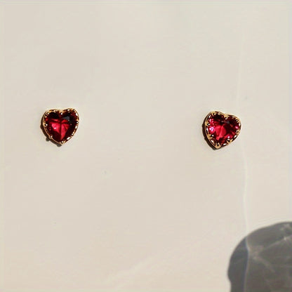 Women's Elegant Heart Synthetic Ruby Stud Earrings - Nickel-Free Copper, Ideal for Casual Attire and Parties, Ideal for Valentine's Day Gifts