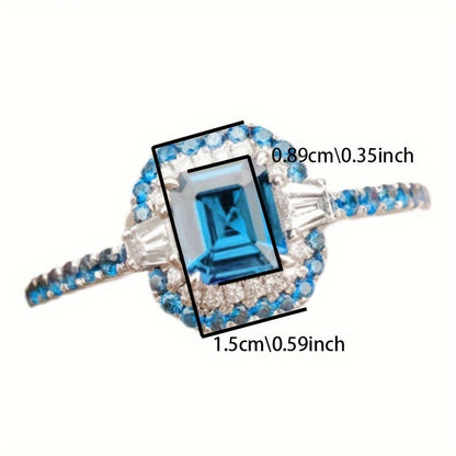 Vintage Square Aquamarine Blue Synthetic Gemstone Ring - Deluxe 4-claw setting with sparkling embellishments, perfect for engagements, weddings, parties and special occasions, copper, perfect for all seasons