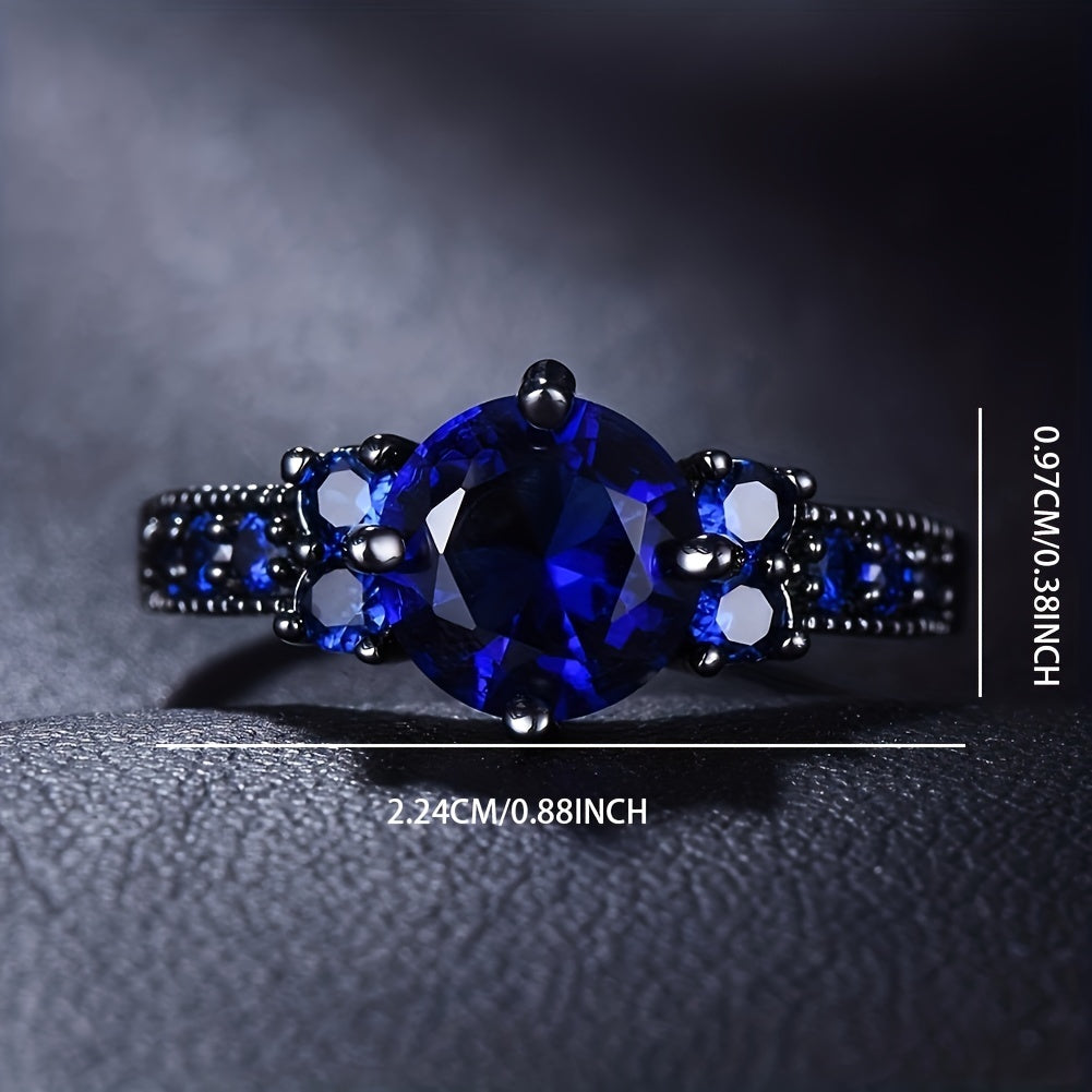 Dark style zircon inlaid promise ring, dark blue zircon symbolizes mystery and charm, suitable for women's engagement wedding jewelry, exquisite dinner party decoration