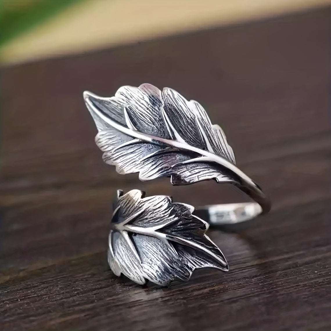 Vintage style silver plated creative leaf ring adjustable jewelry
