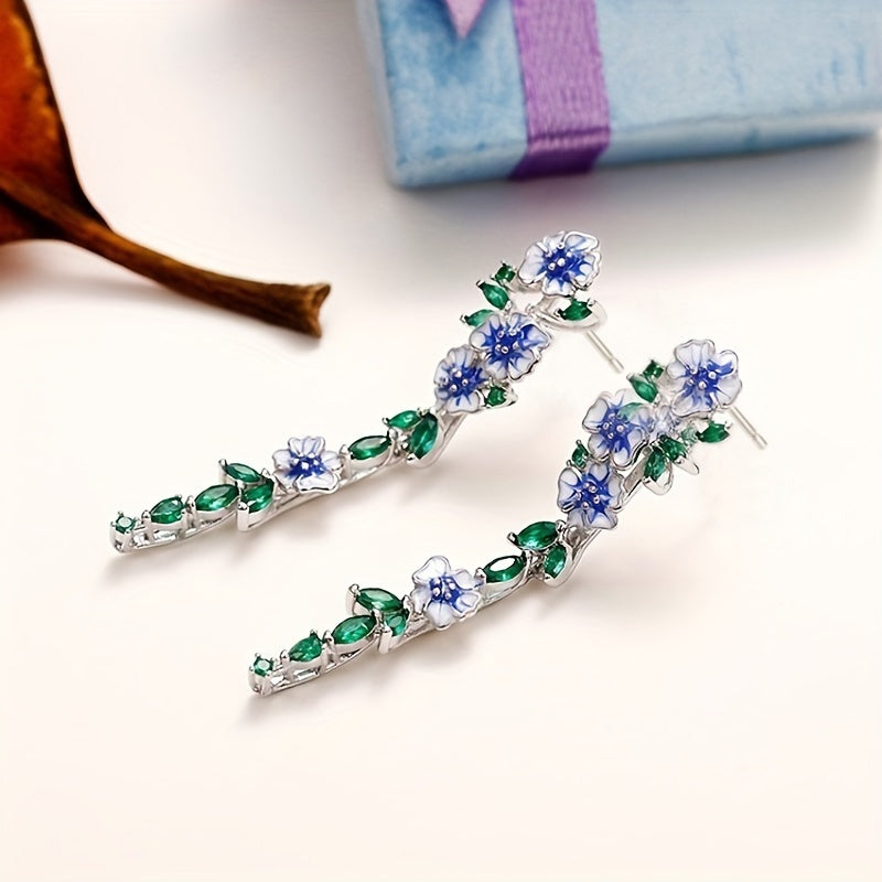Exquisite 925 Silver Enamel Flower Inlaid Leaf Long Earrings Ladies Elegant Jewelry Summer Party Gift