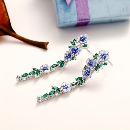 Exquisite 925 Silver Enamel Flower Inlaid Leaf Long Earrings Ladies Elegant Jewelry Summer Party Gift