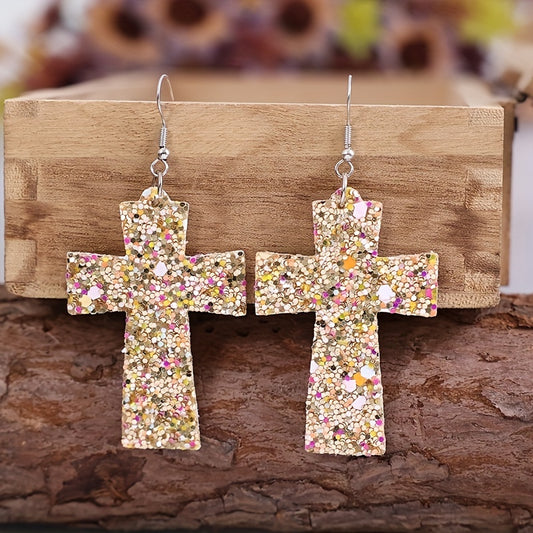 Vintage Cross Design with Full Sequins Decorative Pendant Earrings PU Leather Fashion Ladies Gift