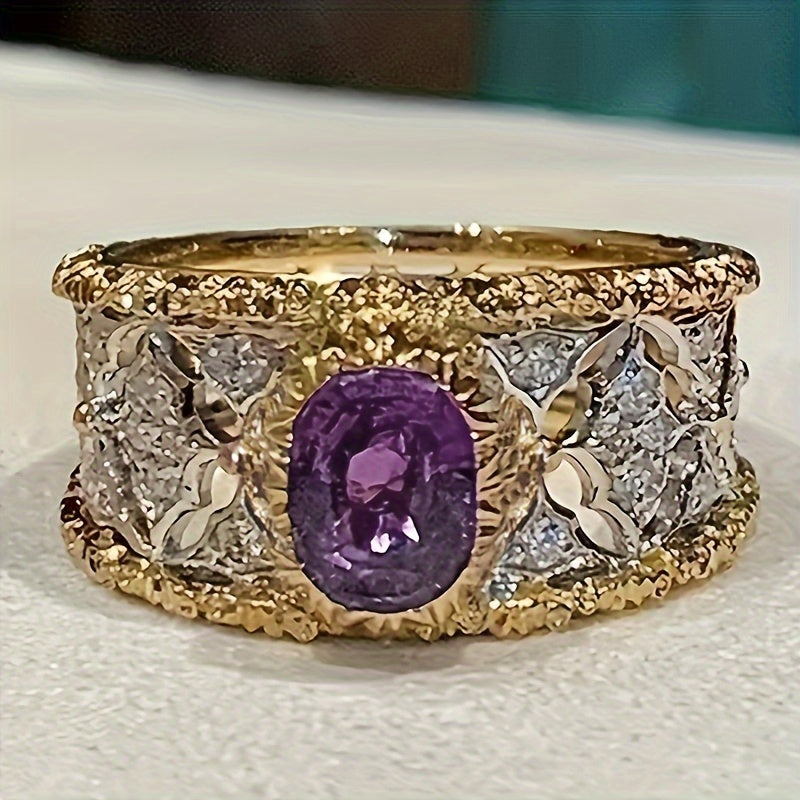 Vintage fine Zirconia wide ring set with purple synthetic gemstones, ladies' elegant jewelry, engagement wedding jewelry, anniversary gift