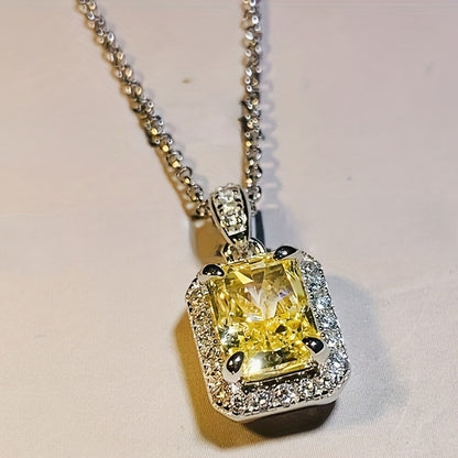 Elegant yellow rectangular synthetic gemstone pendant necklace with zircon embellishment, women's daily casual vacation jewelry, suitable for sweet dates, birthday gifts