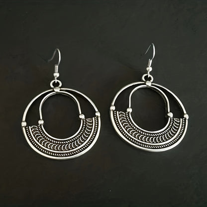 Vintage Round Hollow Creative Pendant Earrings Zinc Alloy Silver Plated Jewelry Daily Wear Accessories Fashion Women's Gifts