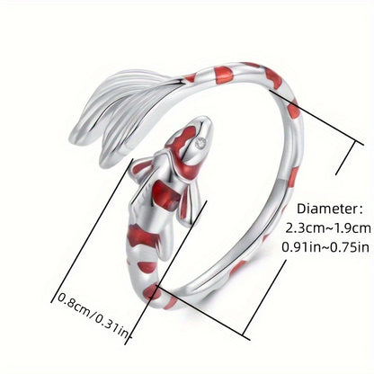 Elegant Koi Fish Enamel Open Ring for Women, Adjustable Personality Ring, Synthetic Zirconia Copper Bottom, April Birthstone, Party and Casual Attire Accessories, Unique Vacation Style Animal Themed Jewelry