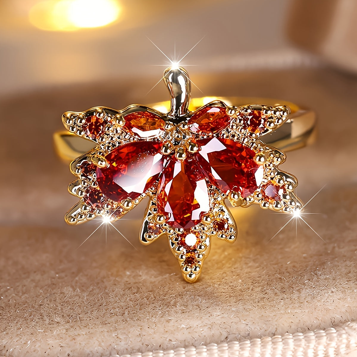 Maple Leaf Zircon Halo Ring Elegant Copper Wedding Engagement Ring Banquet Wear Jewelry
