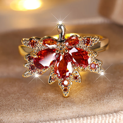 Maple Leaf Zircon Halo Ring Elegant Copper Wedding Engagement Ring Banquet Wear Jewelry