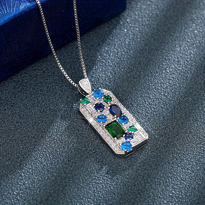 Elegant square pendant necklace with synthetic sapphire and jadeite - ladies luxury copper for parties and everyday glamour