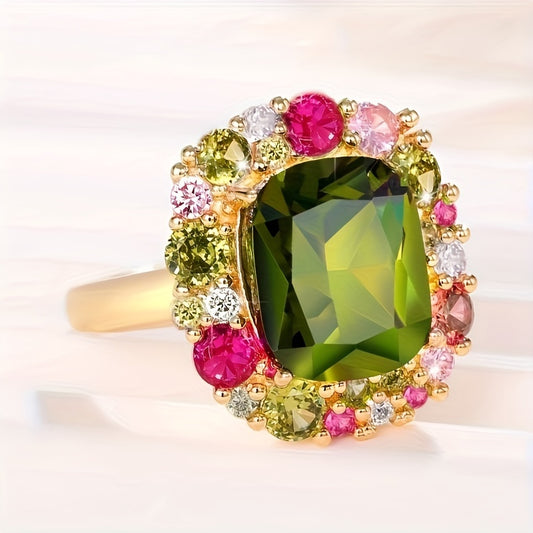 A vintage luxury and colorful gemstone-set four-claw green synthetic emerald engagement ring, copper, May birthstone, synthetic stone, suitable for women to wear in all seasons, carnival jewelry