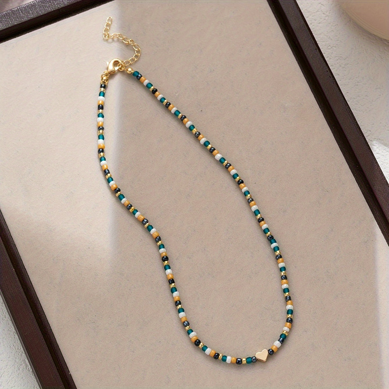 Bohemian Tribal Beaded Necklace with Heart Charm - Beach Vacation Bead Necklace, Everyday Wear Jewelry Accessories - No Plating, Versatile in All Seasons