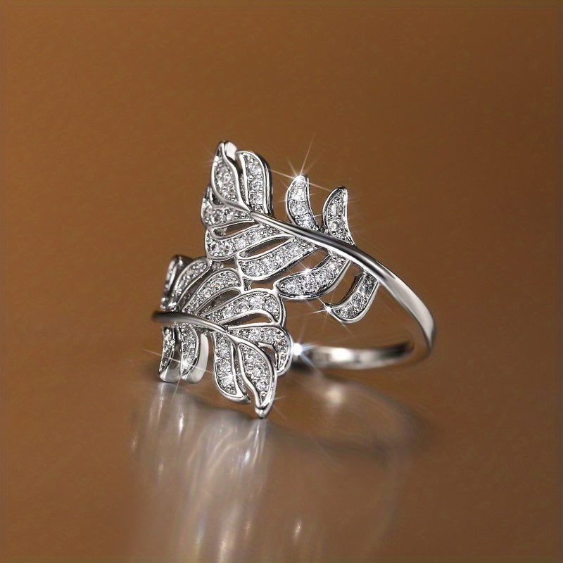 Fashion 925 silver plated zircon leaf ring, women's daily casual accessories