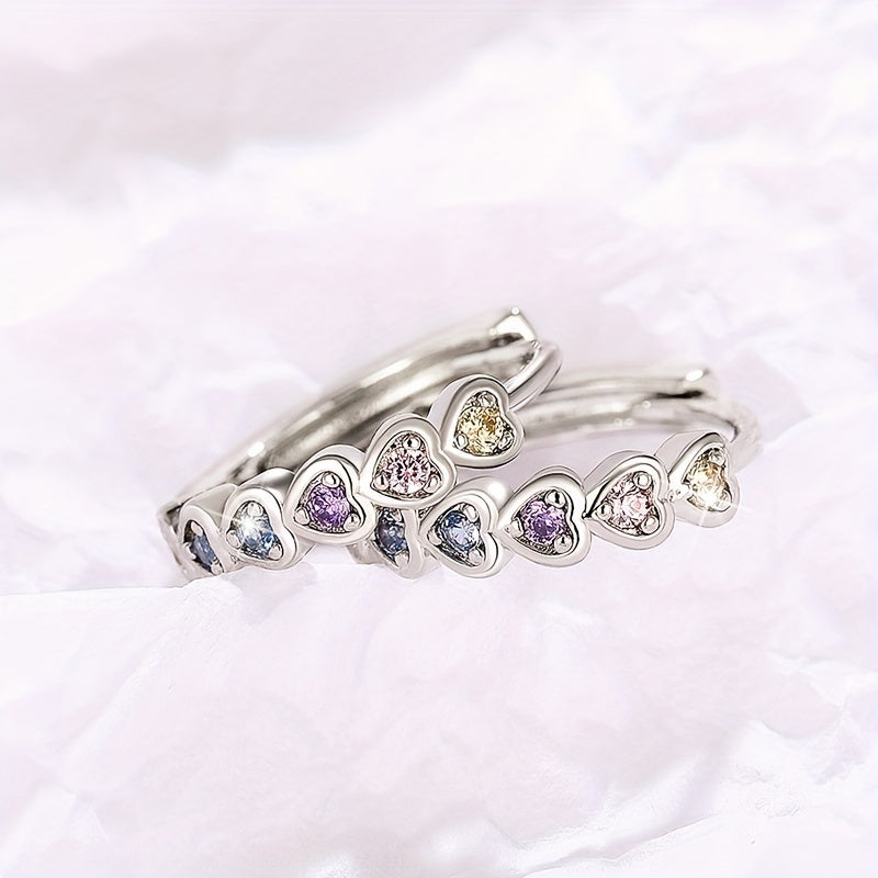Colorful heart-shaped zircon inlaid hollow round ring earrings, elegant casual style for daily wear, women's dating earrings