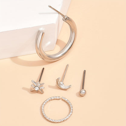 5 Piece Vintage Star and Moon Circle Earrings Set - Elegant Geometric Zinc Alloy Earrings and Women's Clips for Everyday Wear and Parties, Party Accessories | Geometric Earrings | Zinc Alloy Earrings, Quirky Earrings
