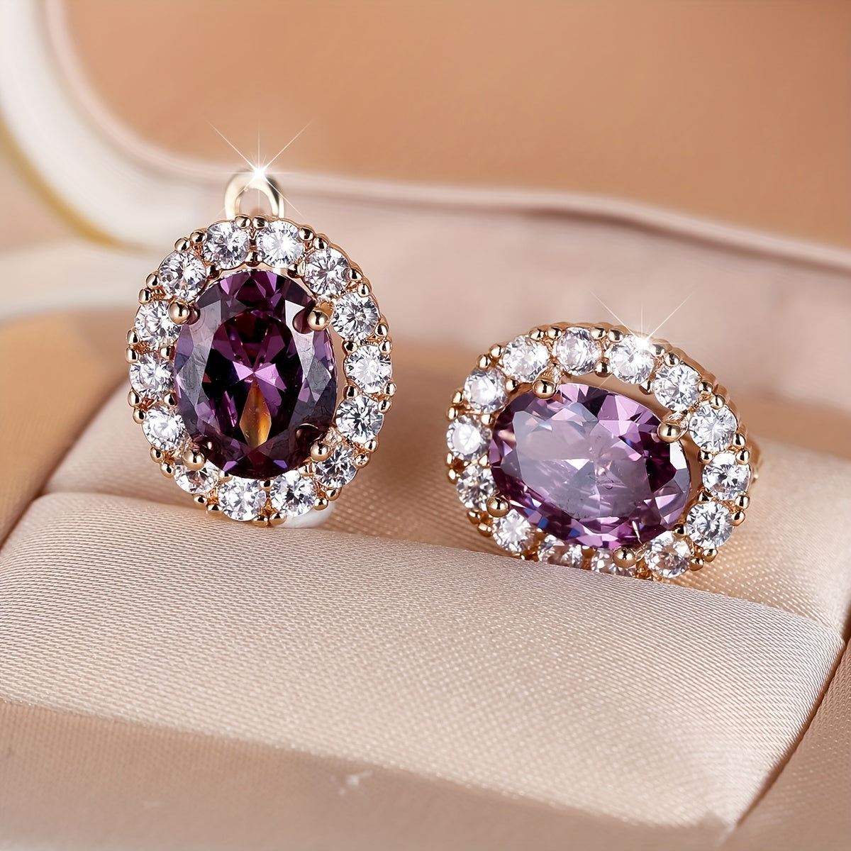 Elegant Purple Zirconia Pendant Earrings - Luxury Gold Oval Cut, Stackable Four Seasons Design - Perfect for Valentine's Day or Halloween Gifts, Holiday Earrings for Winter and New Year