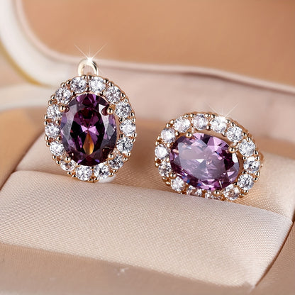 Elegant Purple Zirconia Pendant Earrings - Luxury Gold Oval Cut, Stackable Four Seasons Design - Perfect for Valentine's Day or Halloween Gifts, Holiday Earrings for Winter and New Year