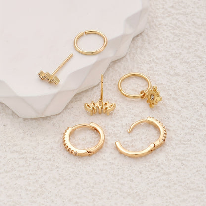 6-Piece Bohemian vintage copper earrings set, synthetic zircon inlay, round and geometric studs and earrings, fashion jewelry for women's daily and party occasions