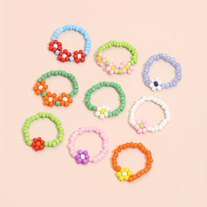 9-Piece Bohemian Stacked Bead Ring Colorful Flower Designs Mix and Match Daily Outfit Sweet Gifts