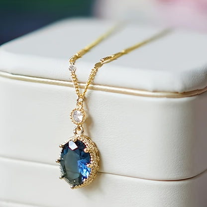 1 Elegant Retro Style Ladies Fashion Necklace with Luxury Synthetic Sapphire Pendant - Gold Tone, Machische Stone, Crystal Set, Suitable for Party and Daily Wear, September Birthstone, Box Free