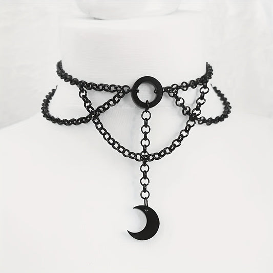 Gothic style black crescent pendant collar necklace, vintage style collar necklace, holiday fashion jewelry, Eid al-Fitr and Ramadan gifts