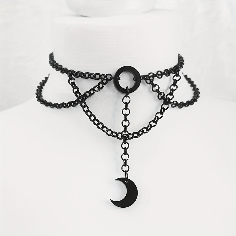 Gothic style black crescent pendant collar necklace, vintage style collar necklace, holiday fashion jewelry, Eid al-Fitr and Ramadan gifts