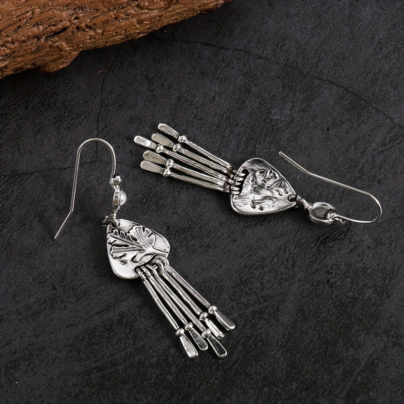 Antique Silver Pendant Earrings, Ladies Creative Bohemian Carved Leaves Cocktail Party Antique Earrings Jewelry