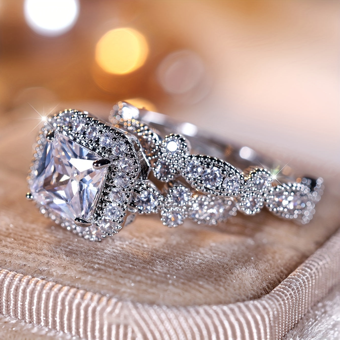 2 elegant promise rings, halo ring + eternity ring, paved with sparkling zircon, engagement wedding ring, suitable for bridal dinner party decoration