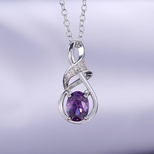 Elegant Silver Tone Oval Amethyst Pendant Necklace with Cubic Zirconia - Perfect for Weddings with Everyday Glamour, February Birthstone