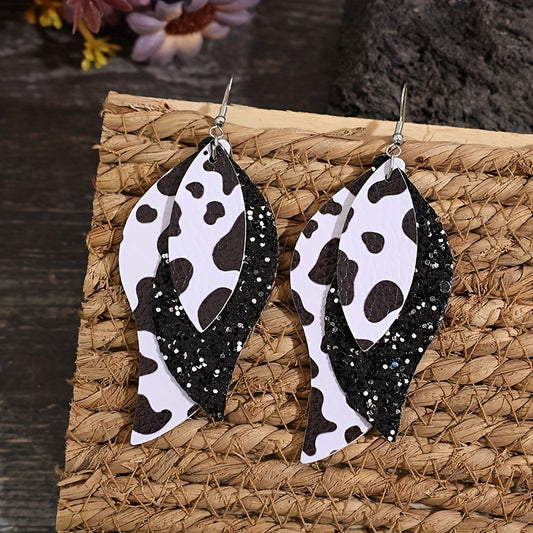 Bohemian Cow Print Triple S Earrings - Black and White Dairy Pattern, Sequin Embellishment, PU Leather Ladies Fashion Jewelry, Casual Wear, Bohemian Earrings