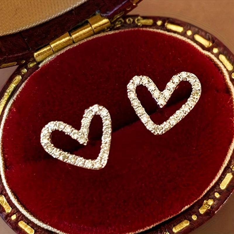 exquisite and small hollow love stud earrings, copper jewelry, inlaid with miniature Zirconia, elegant casual style, Women's dating gift