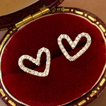 exquisite and small hollow love stud earrings, copper jewelry, inlaid with miniature Zirconia, elegant casual style, Women's dating gift