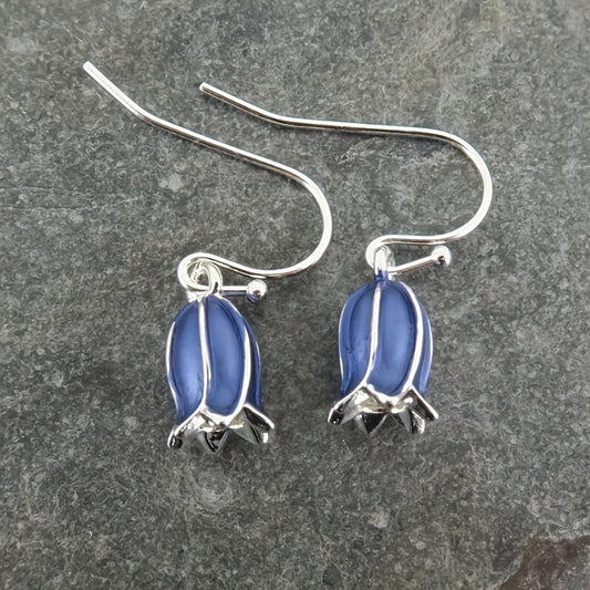 Blue small wind chimes flower pendant earrings, silver-plated alloy with iron earrings, exquisite enamel craftsmanship, suitable for daily wear - a pair