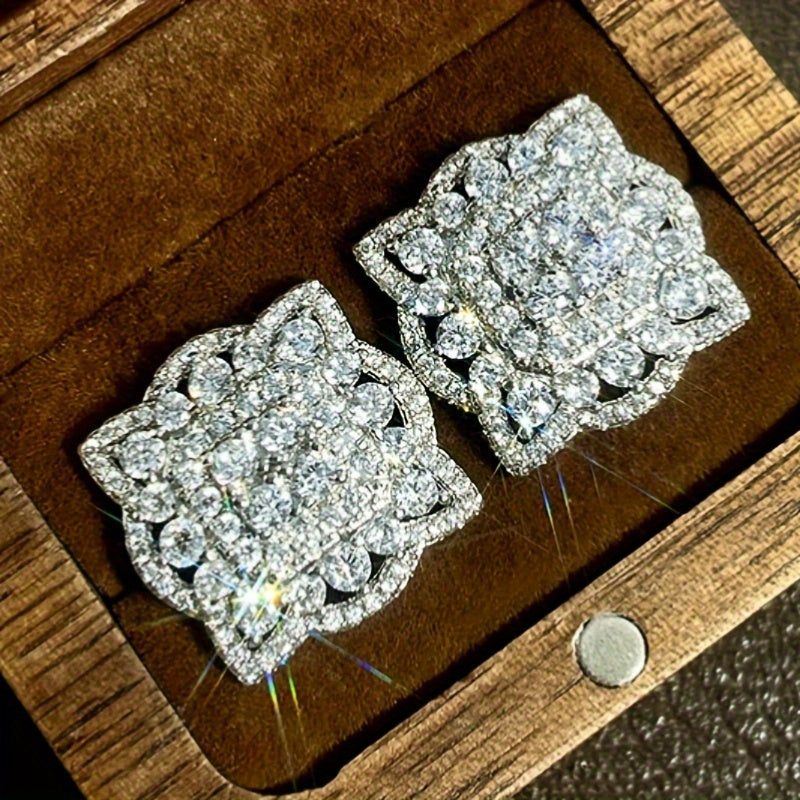 Sparkling Square Earrings, Copper Jewelry, Zircon Set, Fashion Luxury Style, Ladies Wedding Date Earrings