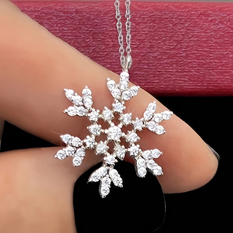 Elegant Snowflake Pendant Necklace with Sparkling Cubic Zirconia - Perfect for Christmas and Party, April Birthstone, Classic Sparkle Style