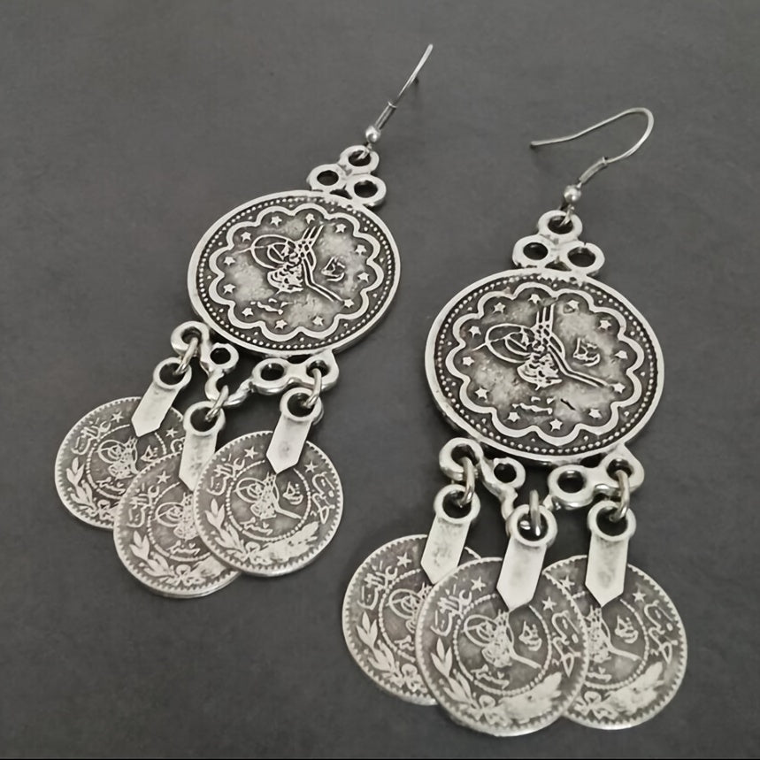 Bohemian Retro Style Alloy Earrings, Stylish Retro Round Hoop with Three Coins Pendant, Bohemian Stylish Ladies Pendant Earrings