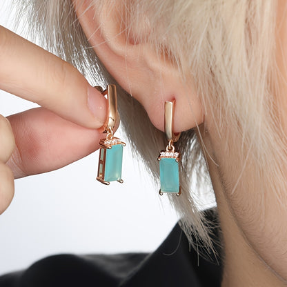 [Elegant Style] Elegant Teal Zirconia Geometric Pendant Earrings - Ladies Gold Fashion Jewelry, Suitable for Weddings and Parties, with Sparkling Square Crystal Zircon Embellishment, Stylish Earrings
