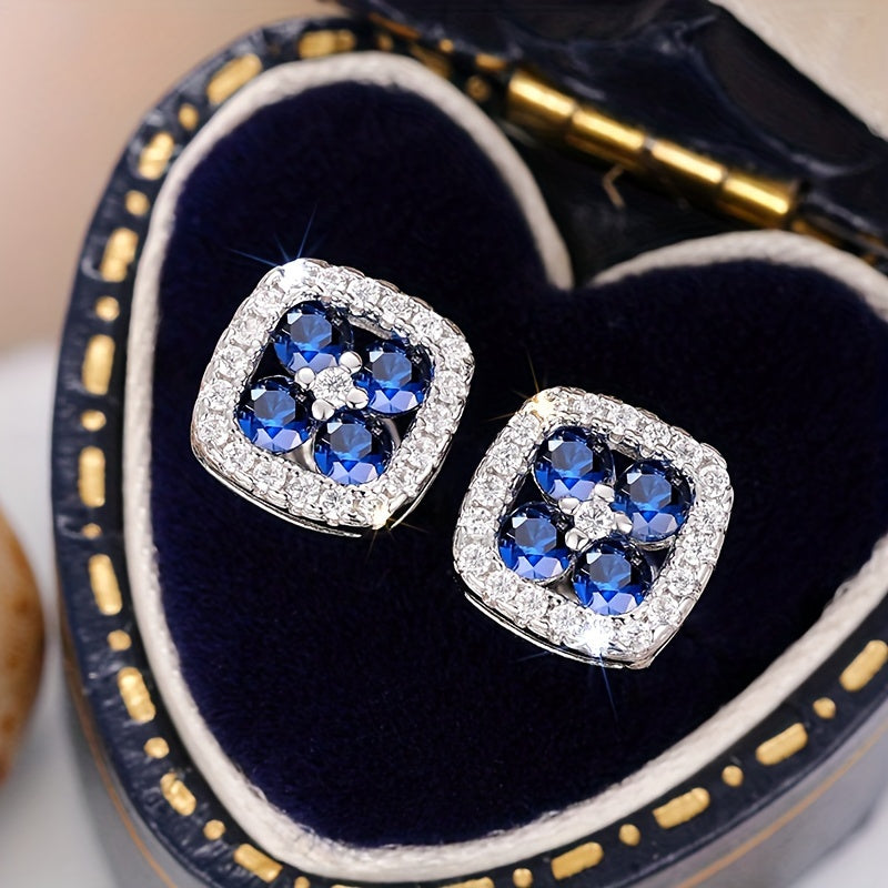 Simple and elegant square stud earrings set with blue synthetic gemstones, engagement banquet, party jewelry, everyday casual accessories for women