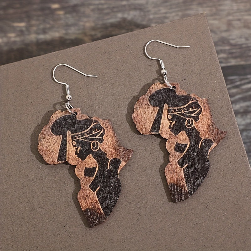 Africa map creative design, with black beautiful pattern, pendant earrings, retro ethnic style wooden jewelry, fashionable women's gifts