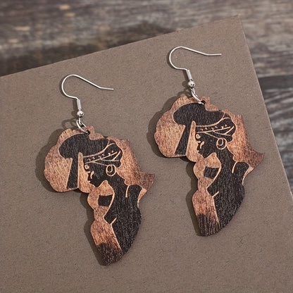 Africa map creative design, with black beautiful pattern, pendant earrings, retro ethnic style wooden jewelry, fashionable women's gifts