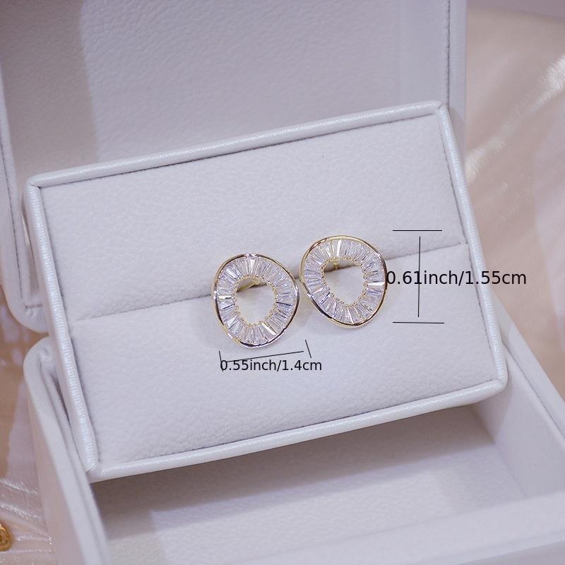 Fashion 18K Gold Plated Faux Crystal Paving Geometric Hollow Round Stud Earrings Party Bride Fine Jewelry Birthday Gift Ladies