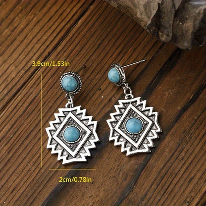 Retro engraved geometric shape with round turquoise inlaid pendant earrings, retro ethnic style alloy jewelry, exquisite Women's gift