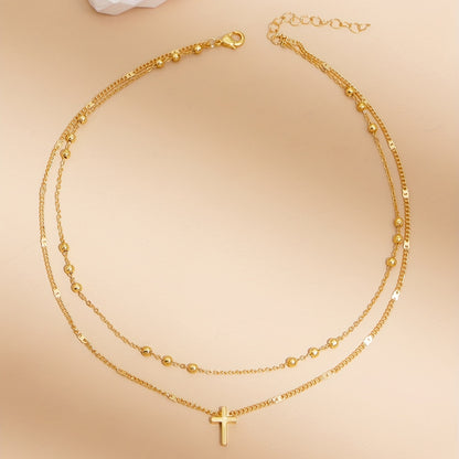 Vintage Cross Pendant Bead Chain Collarbone Chain Double Necklace Women's Holiday Jewelry Gifts