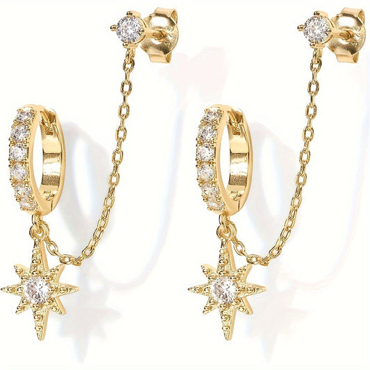 Ladies Bohemian style 14K gold-plated chain earrings, double-pierced pendant earrings with cubic Zirconia studs, vintage fashion earrings, all-season gift ideas